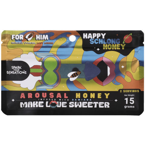 Happy Schlong His Honey Arousal Honey 12pk Display - 15g Per Pack Happy Schlong His Honey Arousal Honey 12pk Display - 15g Per Pack