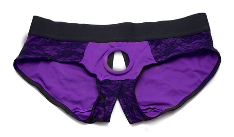 Lace Envy Crotchless Panty Harness - S/ M Black and Purple Lace Envy Crotchless Panty Harness - S/ M Black and Purple