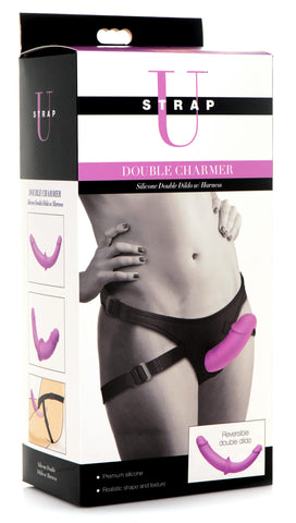 Double Charmer Silicone Double Dildo With Harness  - Purple Double Charmer Silicone Double Dildo With Harness  - Purple