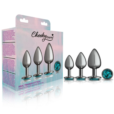 Cheeky Charms - Metal Butt Plug Gunmetal - Round - Teal -  Anal Trainer Kit Cheeky Charms - Metal Butt Plug Gunmetal - Round - Teal -  Anal Trainer Kit