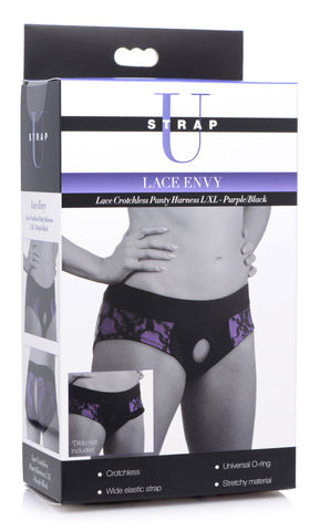 Lace Envy Crotchless Panty Harness - S/ M Black and Purple Lace Envy Crotchless Panty Harness - S/ M Black and Purple