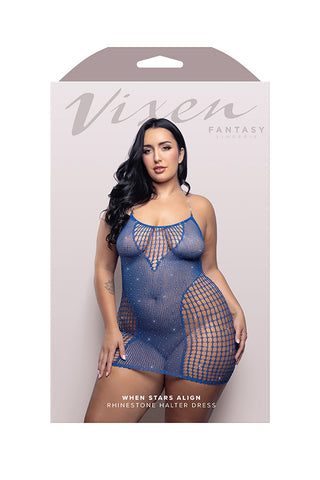When Stars Align Rhinestone Halter Dress - Queen - Blue