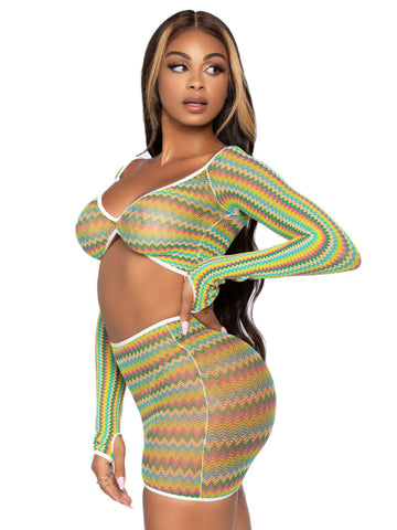 2 Pc Zig Zag Net Crop Top and Mini Dress - One  Size - Green