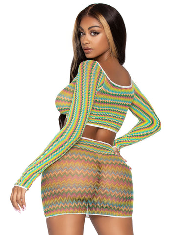 2 Pc Zig Zag Net Crop Top and Mini Dress - One  Size - Green