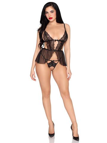 2 Pc Scalloped Lace and Mesh Babydoll and Matching Crotchless Panty - Small - Black