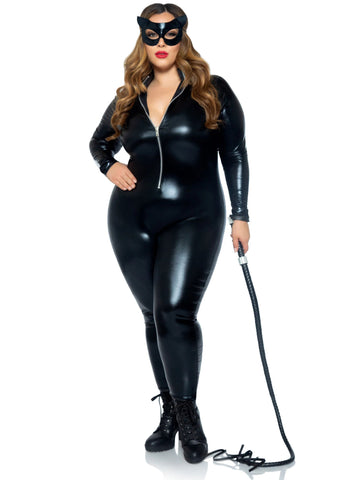 Lame Zipper Front Catsuit - 1x/2x - Black