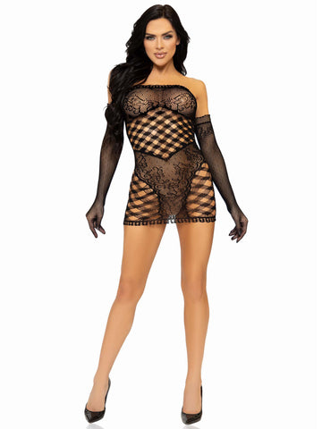 2 Pc Hardcore Net Tube Dress With Gloves - One  Size - Black