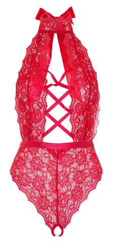 Floral Lace Crotchless Teddy - 1x/2x - Red