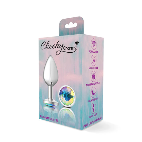 Cheeky Charms-Silver Metal Butt Plug- Round-Clear-Medium