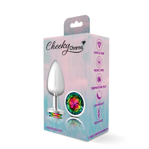 Cheeky Charms-Silver Metal Butt Plug- Round-Rainbow-Large