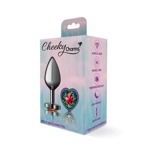 Cheeky Charms-Gunmetal Metal Buttplug- Heart-Rainbow-Medium