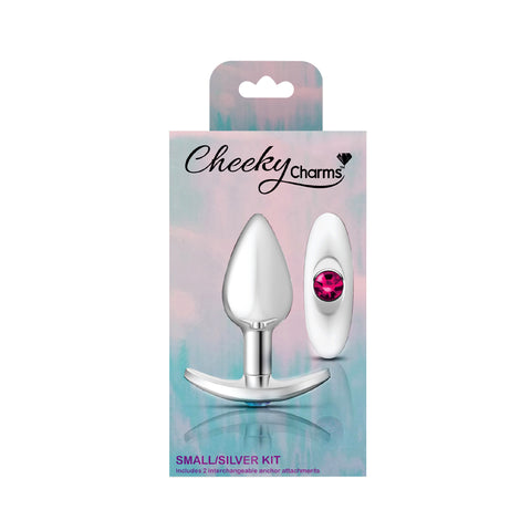 Cheeky Charms-Silver Metal Butt Plug Kit -Clear/bright Pink