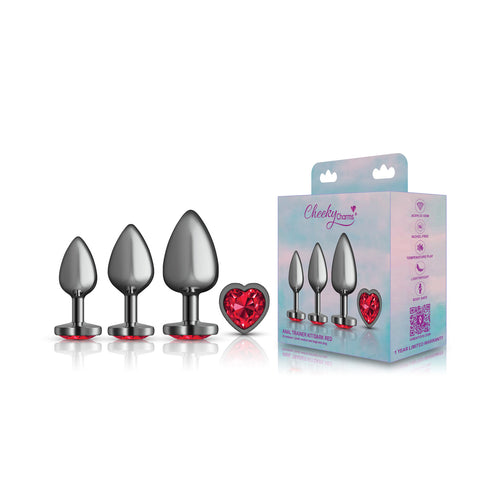 Presale Only - Cheeky Charms - Metal Butt Plug  Gunmetal - Heart Dark Red - Anal Trainer Kit