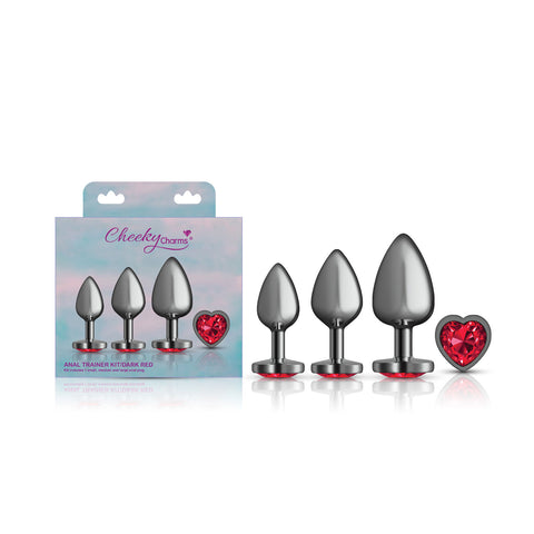 Presale Only - Cheeky Charms - Metal Butt Plug  Gunmetal - Heart Dark Red - Anal Trainer Kit