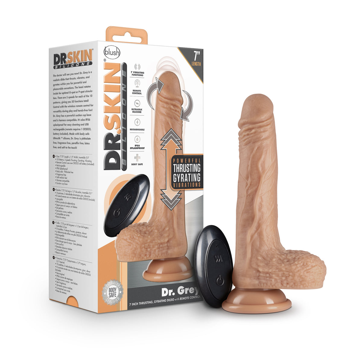 Dr. Skin Silicone - Dr. Grey - 7 Inch Thrusting  Dildo - Vanilla