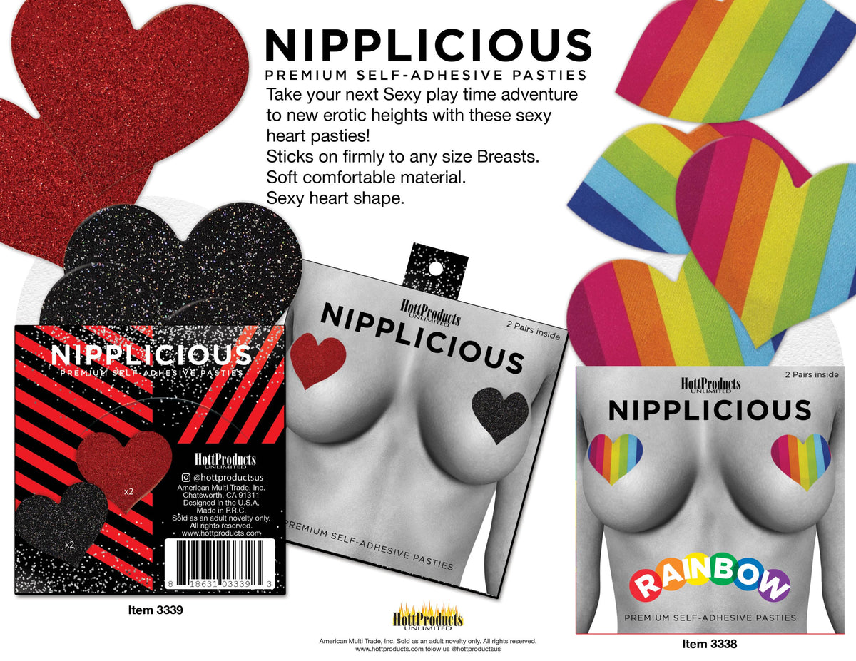 Nipplicious - Heart Shape Pasties - Glitter  -  Red and Black