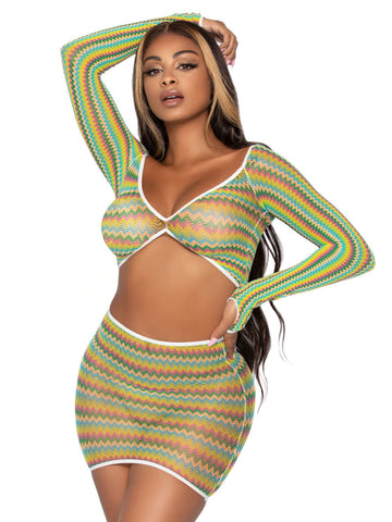 2 Pc Zig Zag Net Crop Top and Mini Dress - One  Size - Green