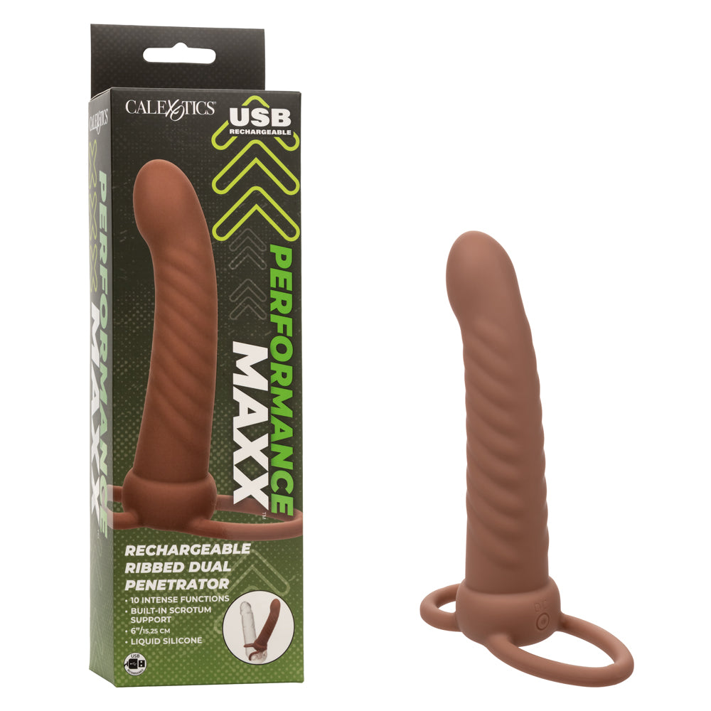 Performance Maxx Rechargeable Ribbed Dual  Penetrator - Brown